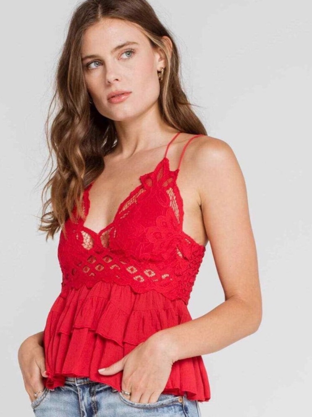 Free People Adella Cami Cherry Red Lace Boho Tank Top NWT Women’s S